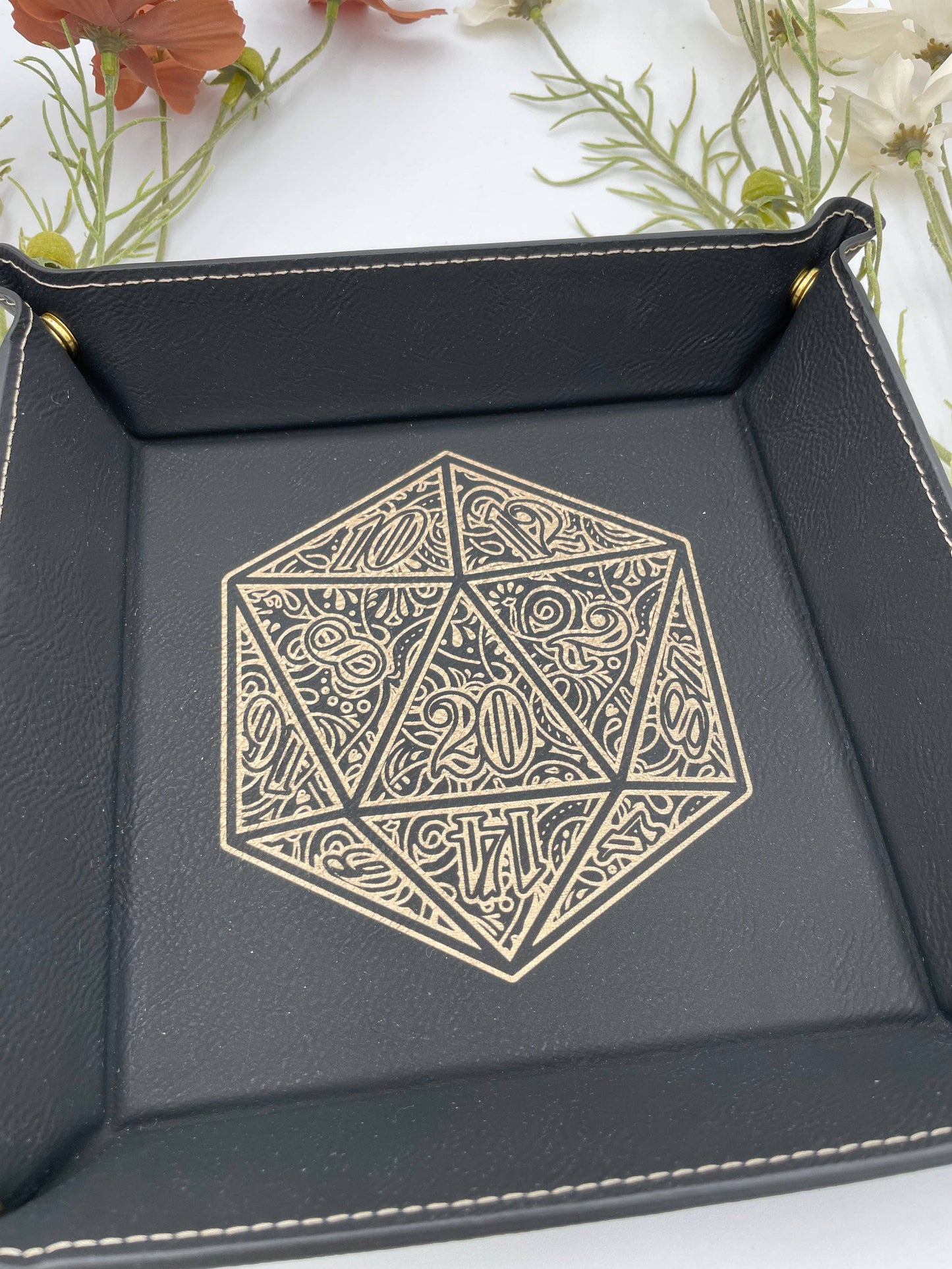 EBONWOOD - Gilded D20 Dice Tray - Vegan Leather DnD Dice Rolling Tray