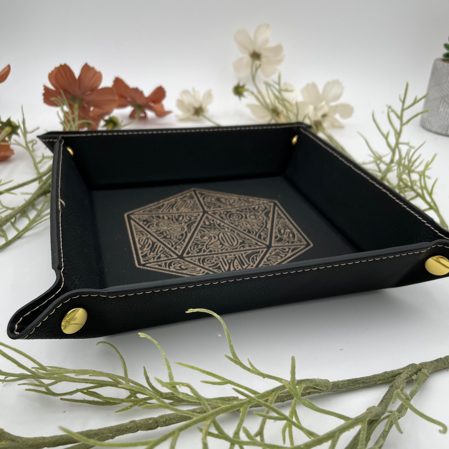 EBONWOOD - Gilded D20 Dice Tray - Vegan Leather DnD Dice Rolling Tray