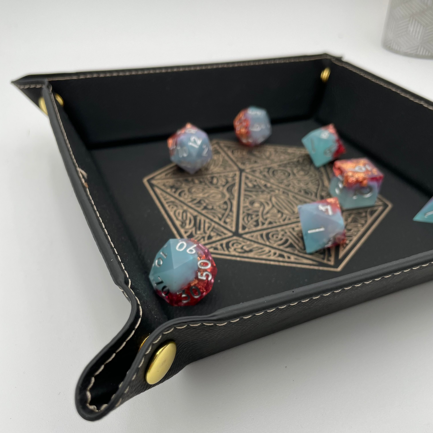 EBONWOOD - Gilded D20 Dice Tray - Vegan Leather DnD Dice Rolling Tray