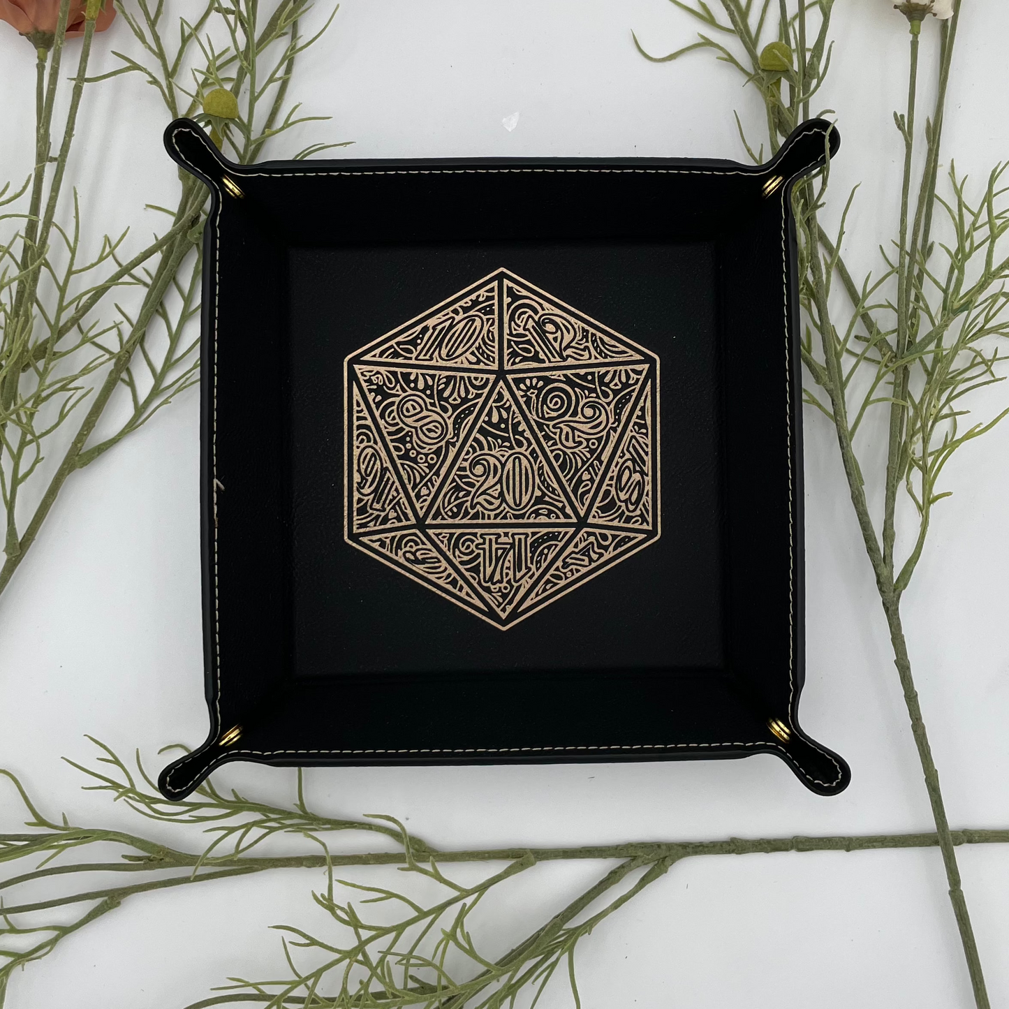 EBONWOOD - Gilded D20 Dice Tray - Vegan Leather DnD Dice Rolling Tray