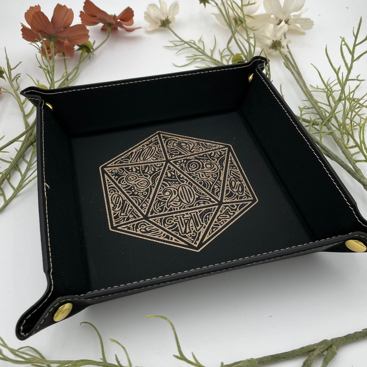 EBONWOOD - Gilded D20 Dice Tray - Vegan Leather DnD Dice Rolling Tray
