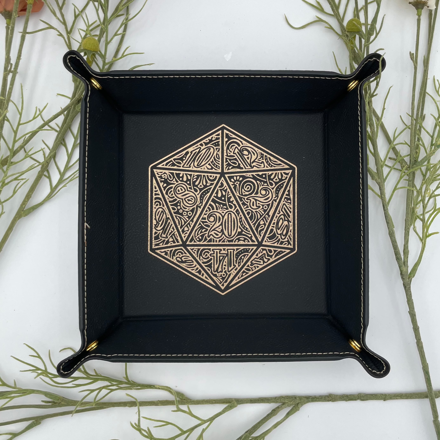 EBONWOOD - Gilded D20 Dice Tray - Vegan Leather DnD Dice Rolling Tray