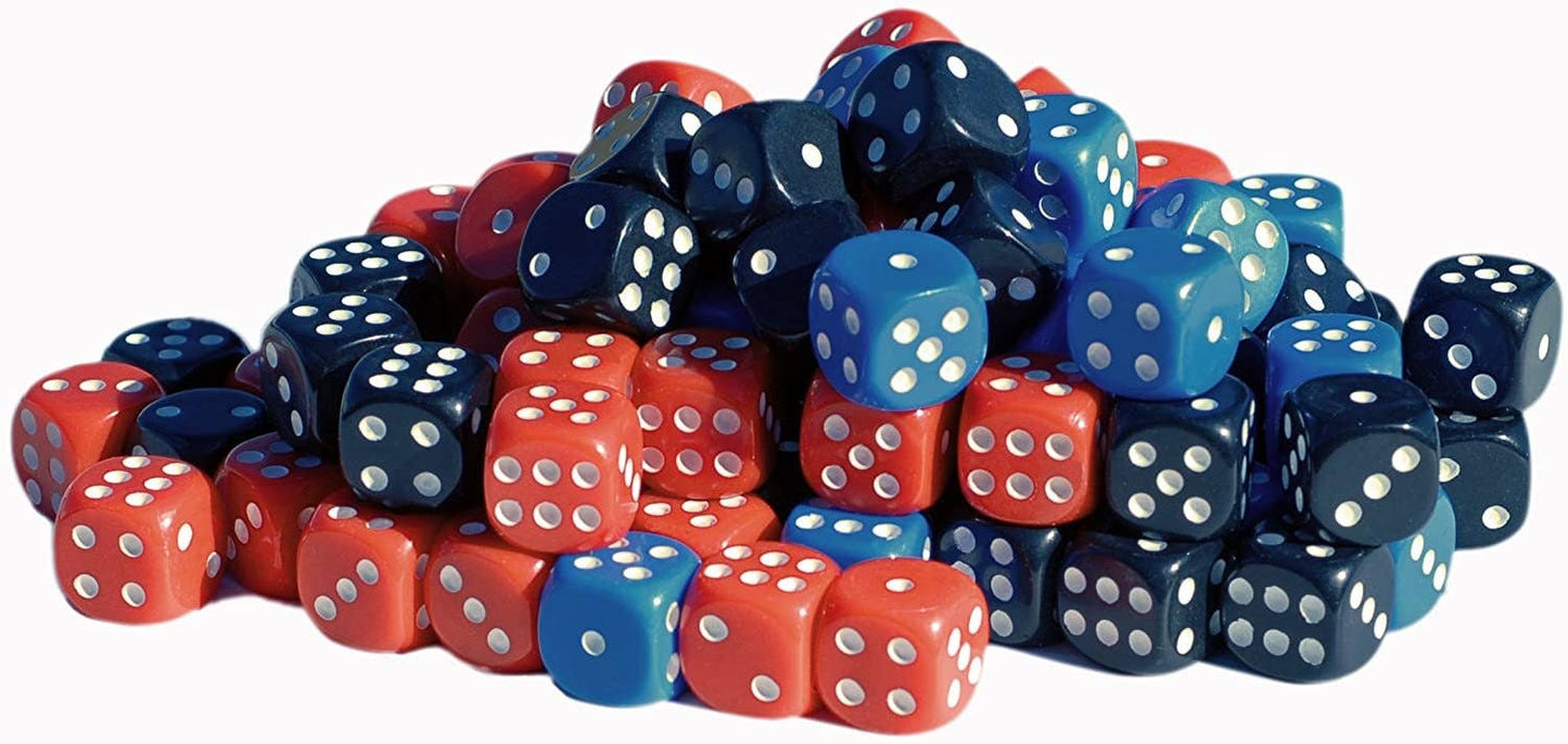 100-Pack of Dice Rounded Corners- White, Black, Red, & Blue