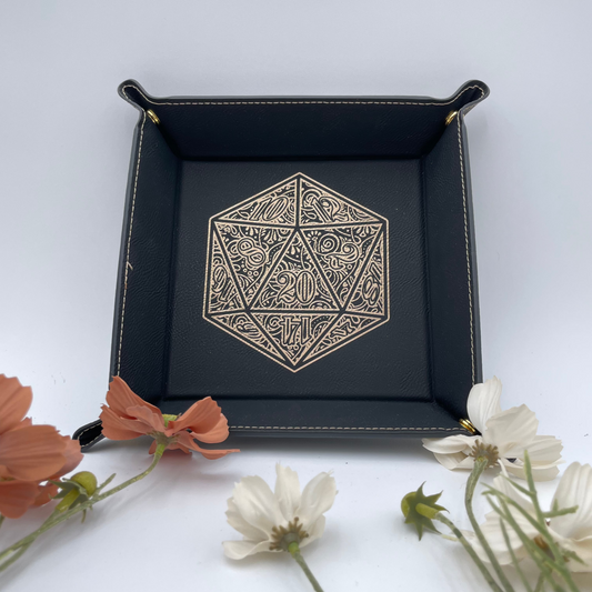 EBONWOOD - Gilded D20 Dice Tray - Vegan Leather DnD Dice Rolling Tray