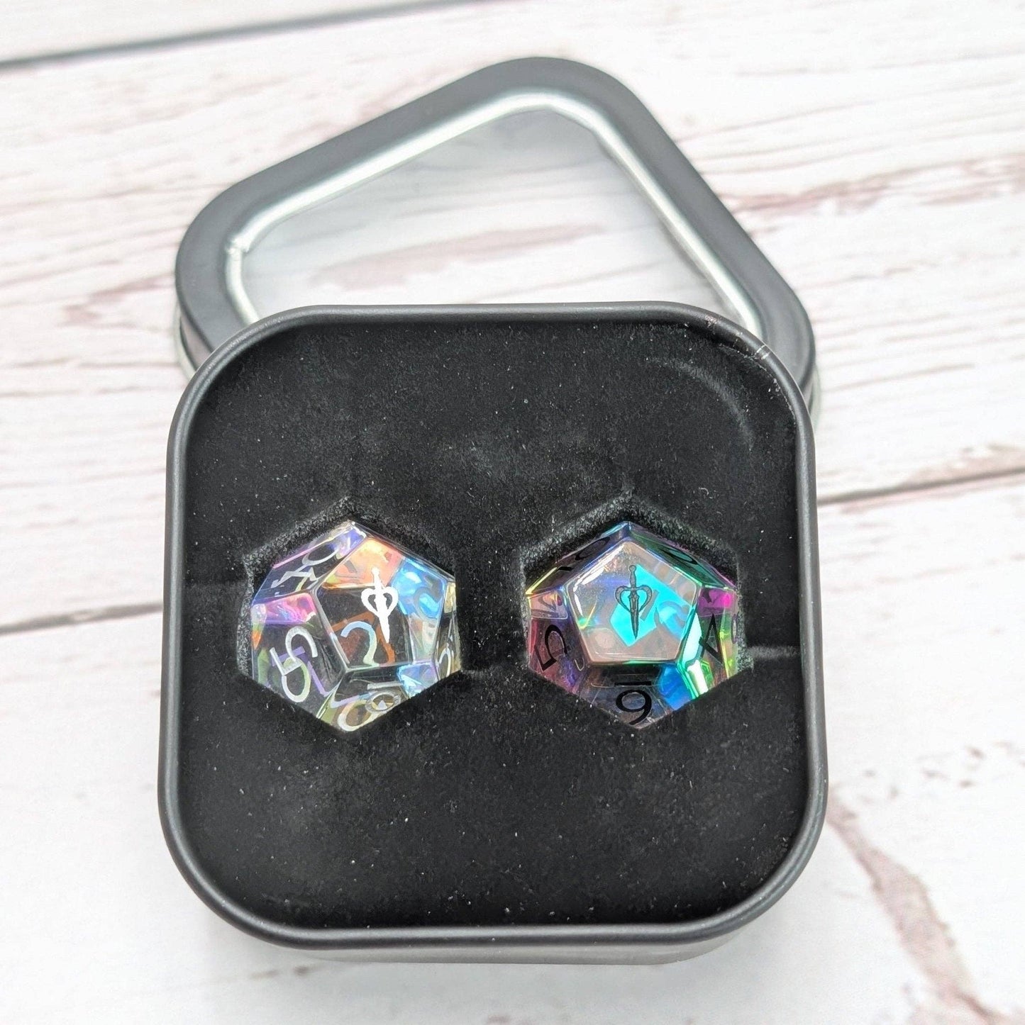 EBONWOOD - Rainbow Glass - 2pc Gemstone Duality Dice for Daggerheart