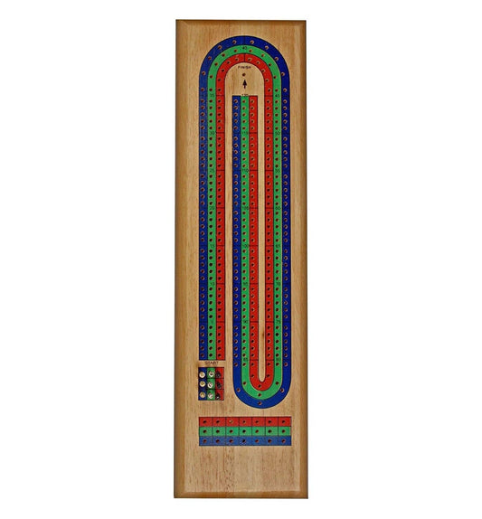 Wood Expressions - WE Games Classic Cribbage Set - Solid Wood TriColor (Blue, Green, Red) Continuous 3 Track Board with Metal Pegs