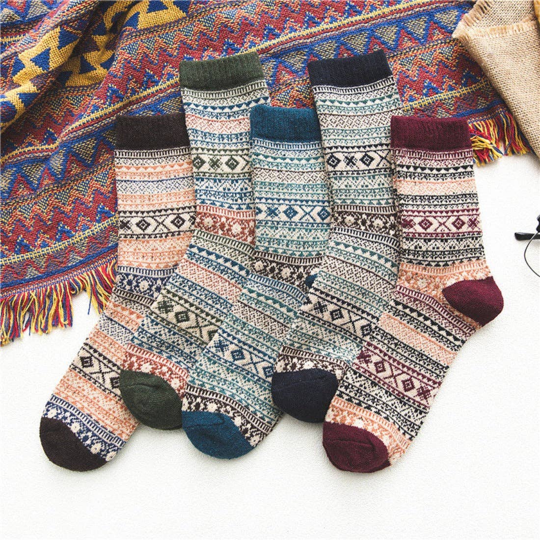 Funkyrel® Atzbranding Limited - Rufia - 5 Pairs Unisex Bohemian Wool Blend Socks